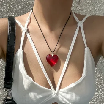 Vintage Big Hearts Pendants Necklaces Y2k Red Heart Necklace for Women Rope Chain Girls Gift Gothic Jewelry Accessories