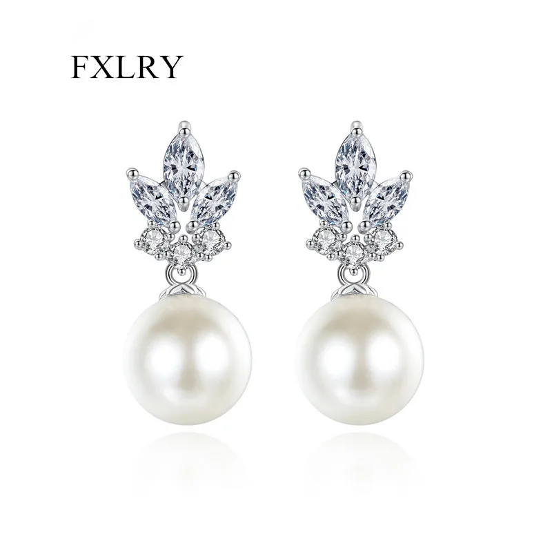 

FXLRY Elegant Micro Cubic Zircon Drop Pearl Earrings for Bridal Fashion Sea Shell Wedding Engagement Women Accessories