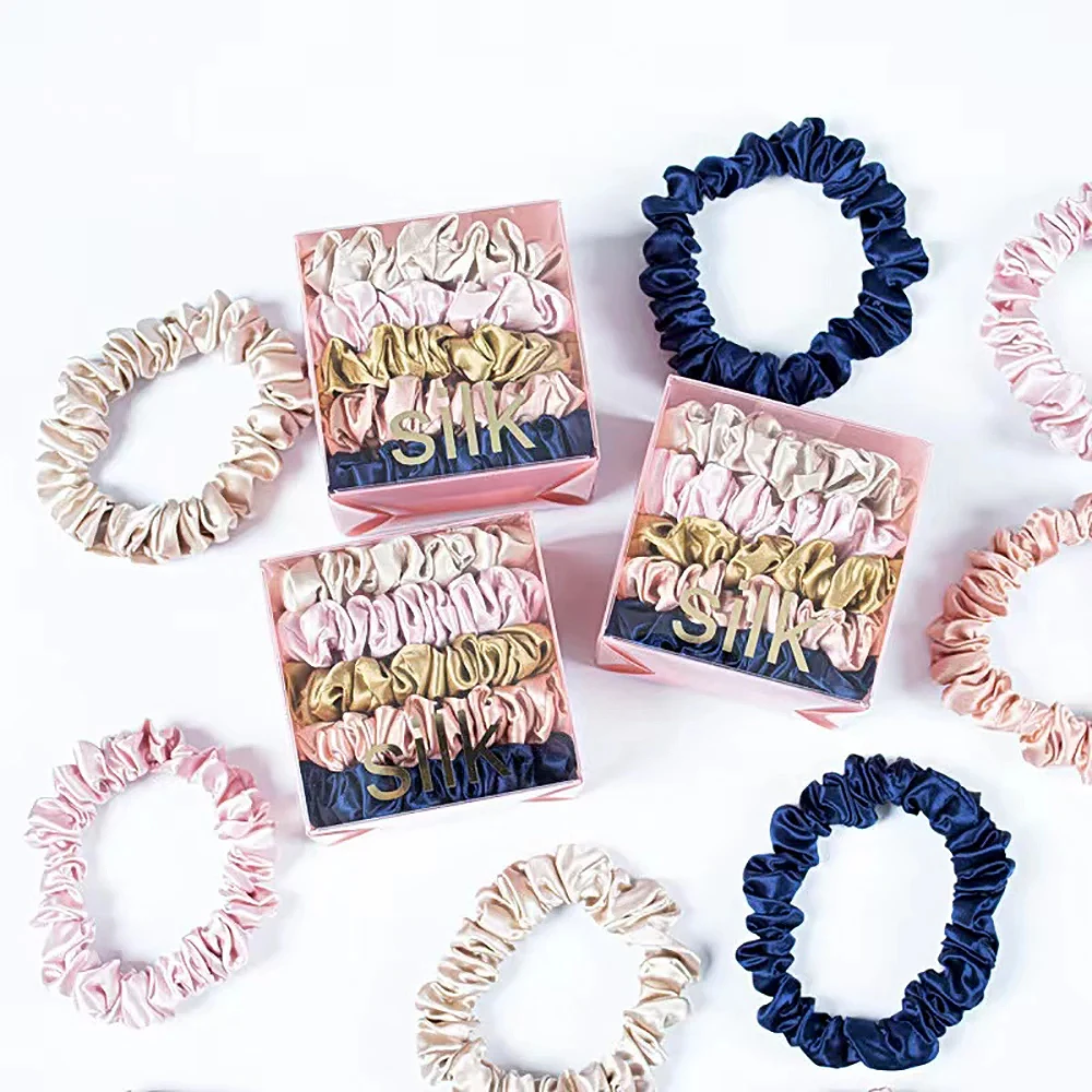 5PCS Box 100% Pure Mulberry Silk Skinnies Scrunchies Solid Color Hair Ties Ponytail Holders Hair Accessories Set 22 Momme 1CM