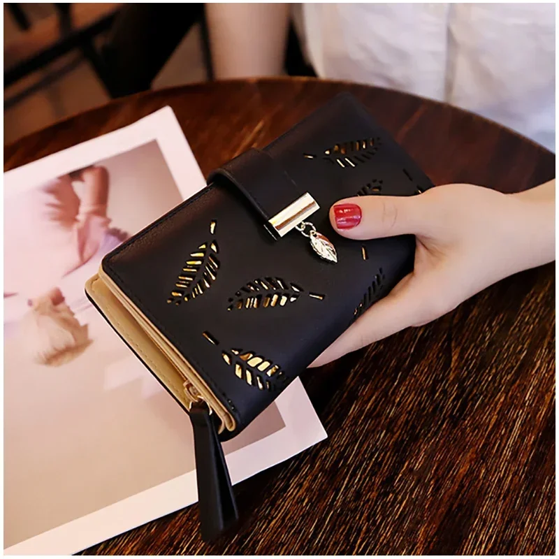 Fashion PU Leather Wallet Purse Women Long Wallet Gold Hollow Leaves Pouch Handbag For Women Coin Purse Card Holders Clutch