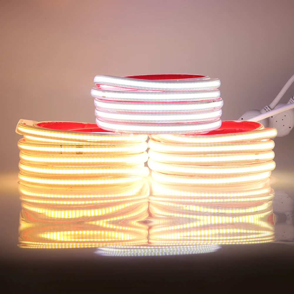 접착 테이프가 있는 조도 조절 COB LED 스트립 조명, 유연한 LED 테이프, 방수 LED 리본 EU 스위치, 220V, 288LEDs/m