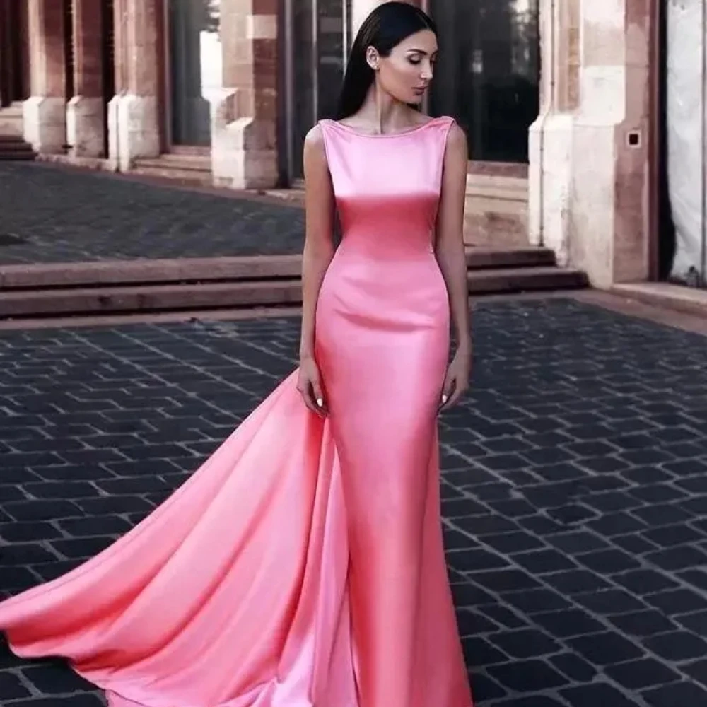 

Simple Mermaid Formal Evening Dresses Scoop Backless Middle East Women Evening Gowns with Wraps Watermelon Pink Dinner Dresses