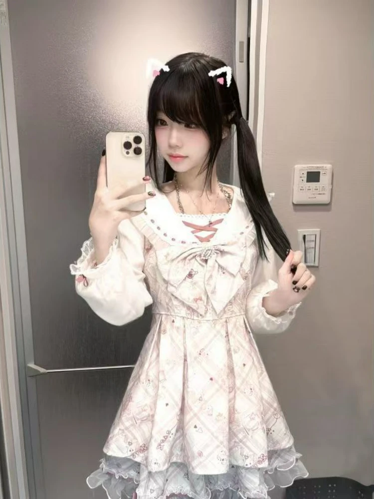 Japanese Sweet Lolita Kawaii Dress Women Spring Printed Bow Design Fake Two Piece Dress