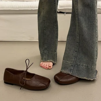 Women's Lace-Up Mary Jane Spring/Autumn Flats  - Square Toe Single Strap Shallow Cut Flats, Flat Sole Comfortable Ballet Shoes 1