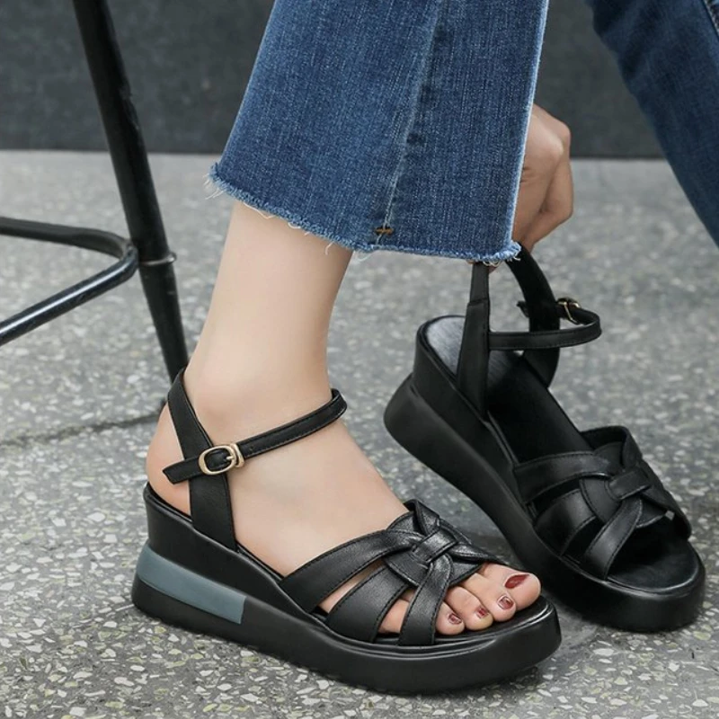 HHZY Sandali Ortopedici da Donna Sandali con Tacco A Zeppa A Punta Aperta con Cinturino alla Caviglia Estivo da Donna Scarpe Casual Comode con Plateau