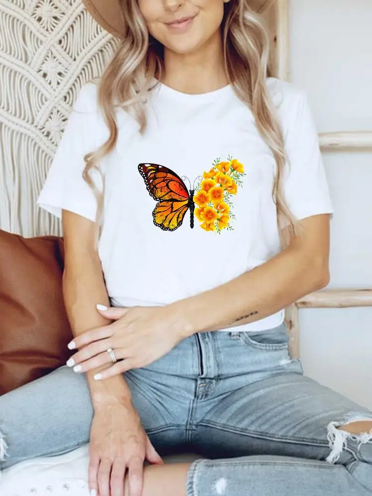 

Clothes Basic Tee Women Clothing Print T Shirt Short Sleeve Summer Top Fashion Butterfly Lovely Trend Cute 90s Graphic T-shirt