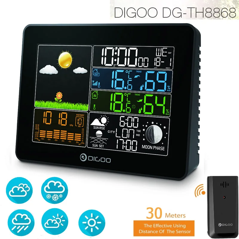 DIGOO DG-TH1177 Hygromètre Thermomètre Intérieur Sans Fil Numérique Transparent Écran Minuterie Réveil Blanc 