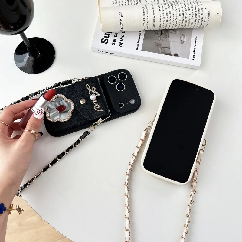 Elegant Mirror Wallet Case with Strap and Card Slot - Crossbody Flower Bag Cover