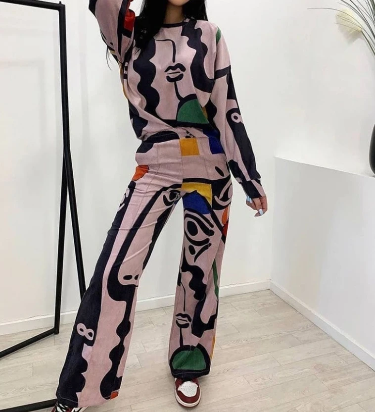 Women's Two Piece Set 2024 Latest Street Trendsetter Personalized Print Graffiti Loose Long Sleeved Shirt Straight Leg Pants Set