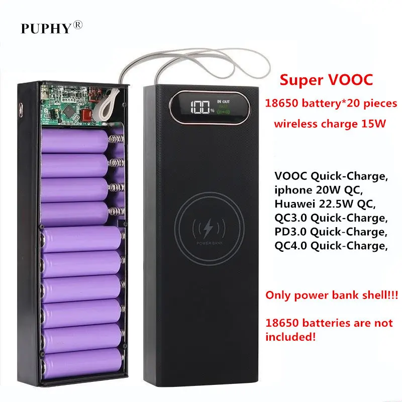 Banco de Potência sem Fio Shell Super Carga Vooc Carga sem Fio Faça Você Mesmo 18650 Li-ion Battery 5v 9v 12v 5a Usb Qc4.0 pd 22.55w