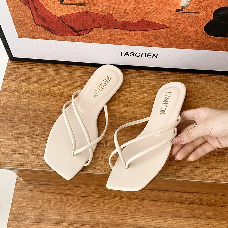 New Women Flats Flip Flops Simple Thin Strap Square Toe Indoor Shoes for Women Casual Candy Color Slides Shoes Large Size