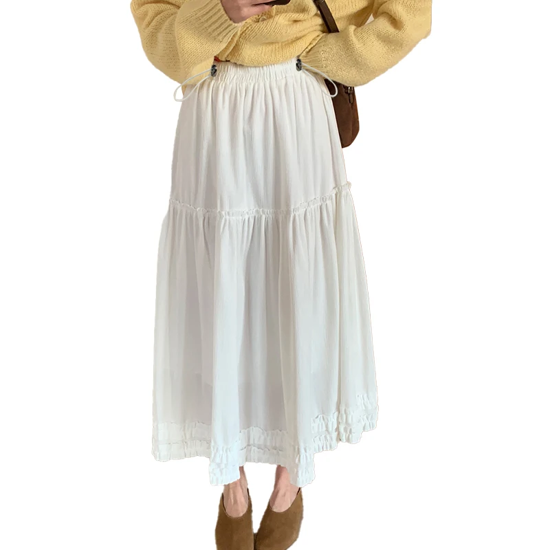 Korean Style Summer Pregnant Woman White Skirts Drawstring Waist Ruffles Hem Patchwork Elegant Lace Maternity Skirt for Women