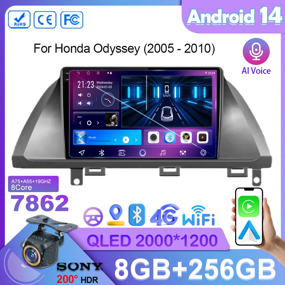 Car Radio Android 14 for Honda Odyssey 2005-2010 Multimedia Player Navigation Stereo DSP Carplay 5G WIFI car radio