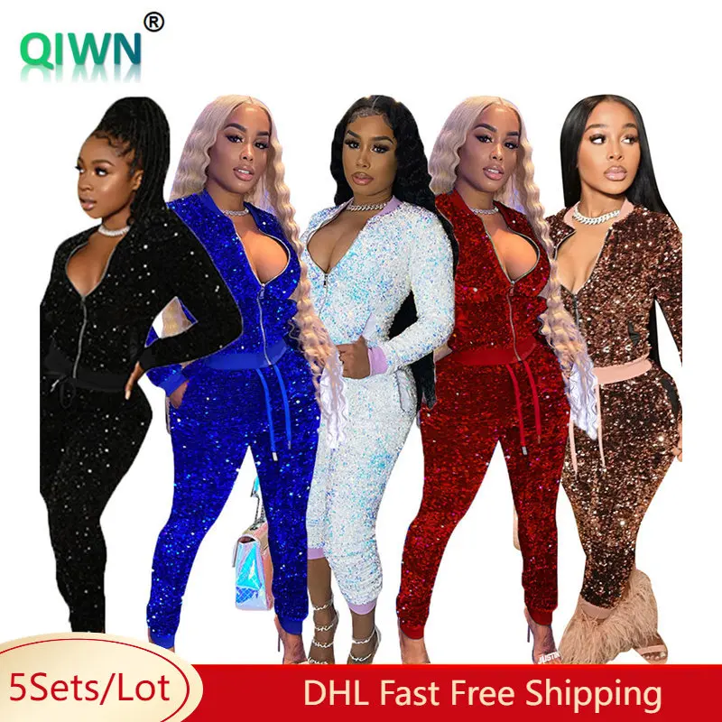 5sets Bulk Wholesale Fall Winter Velvet Tracksuits Women Sequins Jacket