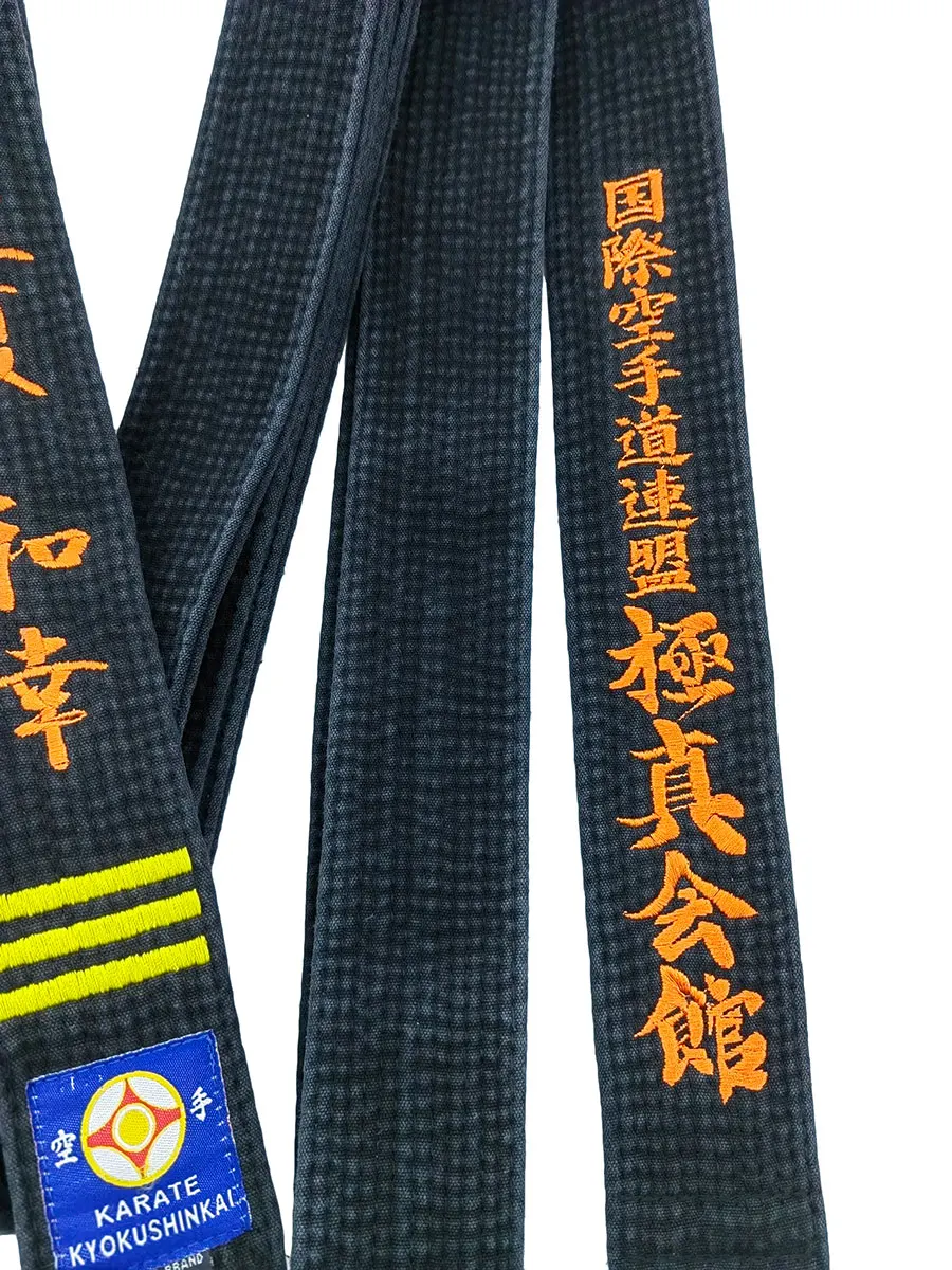 IKF Kyokushin Karate Black Belt Embroidery Japanese Martial Arts Sports Coach Master Cotton Scrub Wash Customized Name Width 5cm