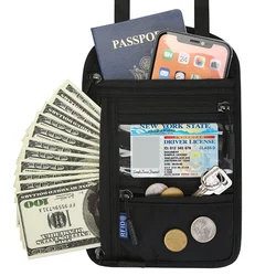 Travel RFID Neck Wallet with Multi - Pocket Storage for Documents and Passports (Black)