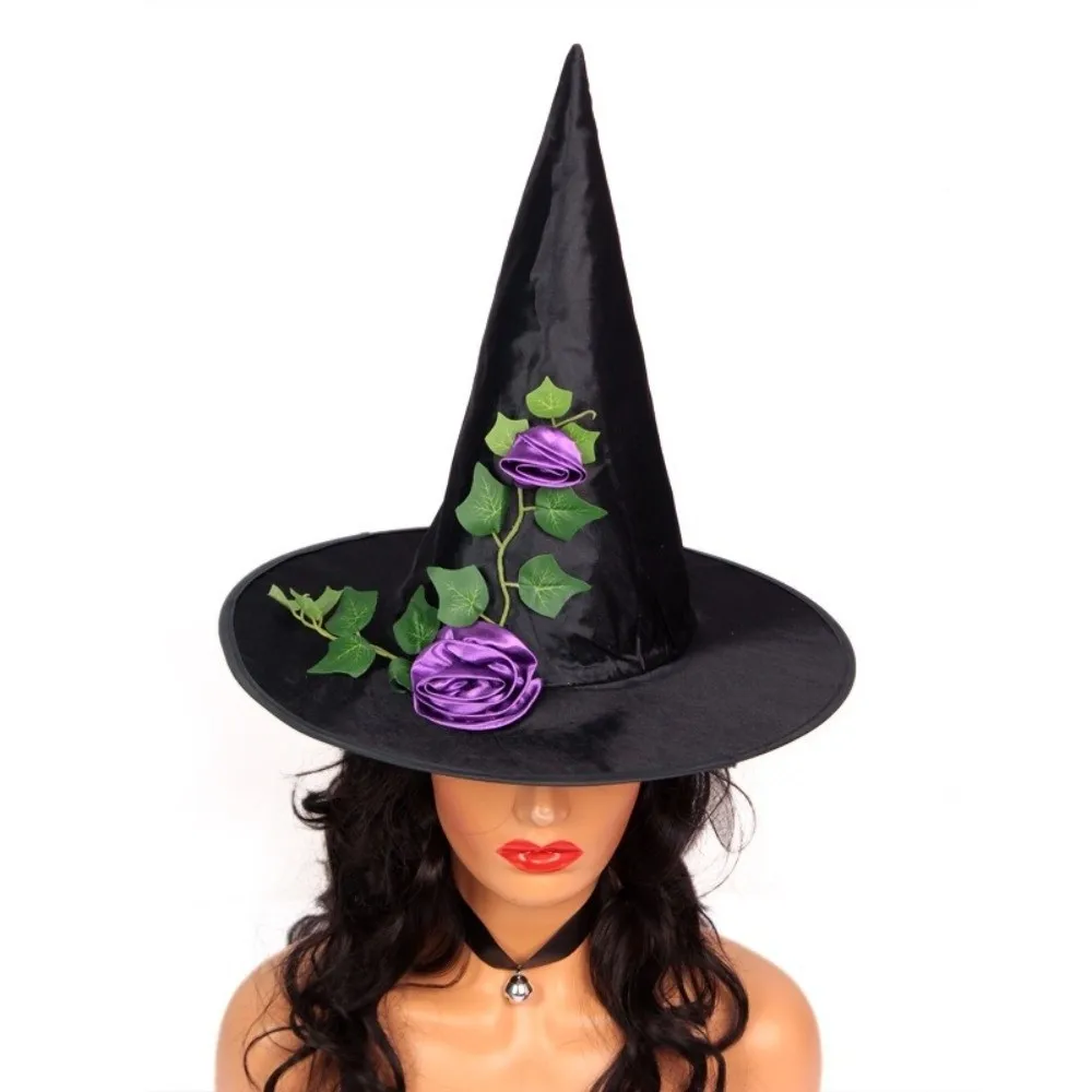 Funny Lace Veil Halloween Witch Hat Rose Party Props Flower Wizard Cap Foldable Cosplay Accessories Feather Halloween Cap Women