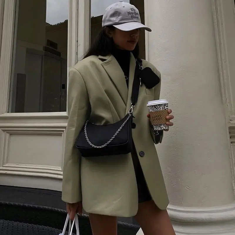 

Fashion Long Sleeve Backless Blazer With Shoulder Pads Loose Irregular Button Coats 2023 Autumn Party Streetwear Women Outerwear