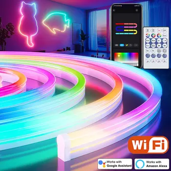RGBIC Neon Strip Light Bluetooth USB 5V Neon Led Strip Lights 1M-5M IP65 RGBIC Flex Ribbon Led Tape for Room Wall Decor Music