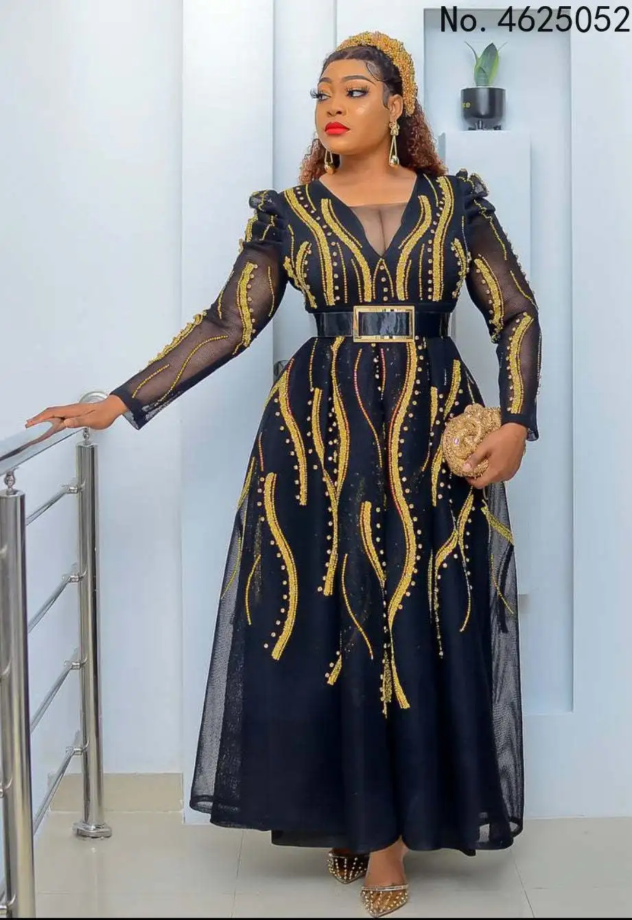 Polyester African Dresses For Women Summer African Women Long Sleeve Vneck Long Dress African