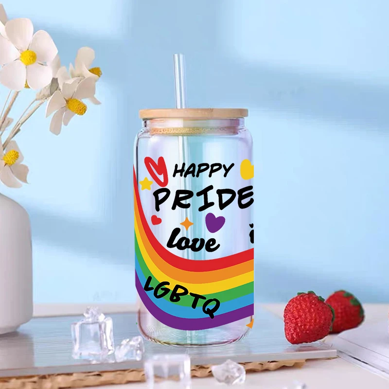 UV DTF Transfesr Sticker Pride Cup Love wins Love is love Rainbow heart LGBTQ full wrap for Libbey Glass 16oz D7302 dtf transfer sticker