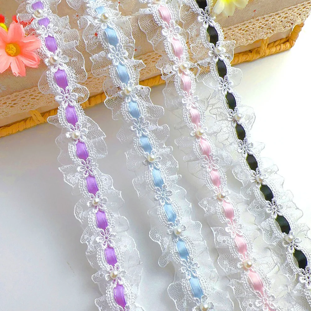 1 Yard Lolita Lace Tulle Bead Ruffled Trims Fabric Edging Satin Ribbon DIY Doll Clothing Curtain Furniture Decoration 3.5cm Wide