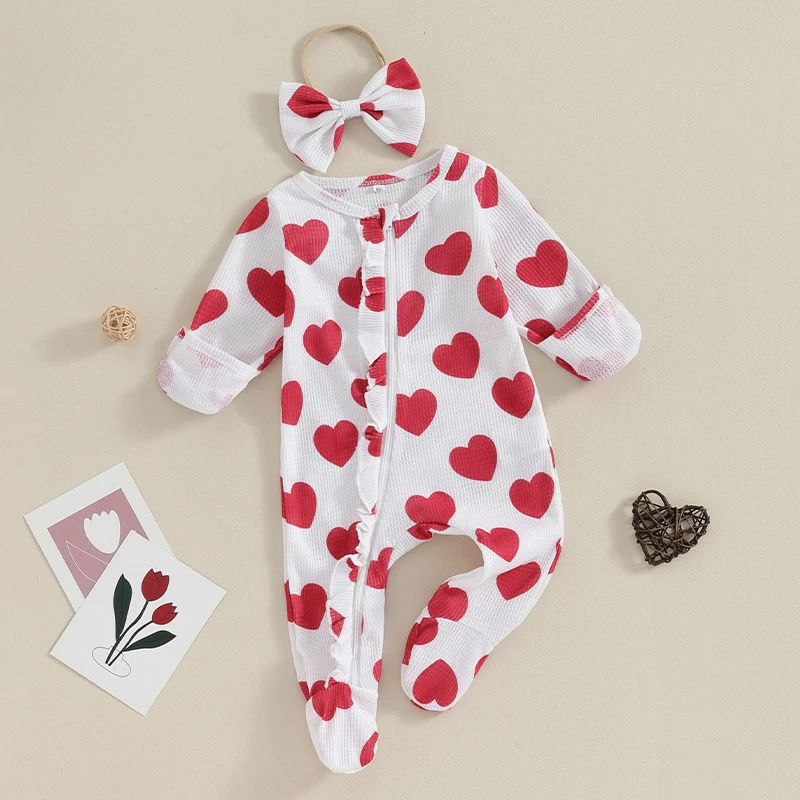 

Newborn Baby Girl Valentines Day Outfit Ruffle Romper Footie Headband Set Zip Up Long Sleeve Crewneck Jumpsuit