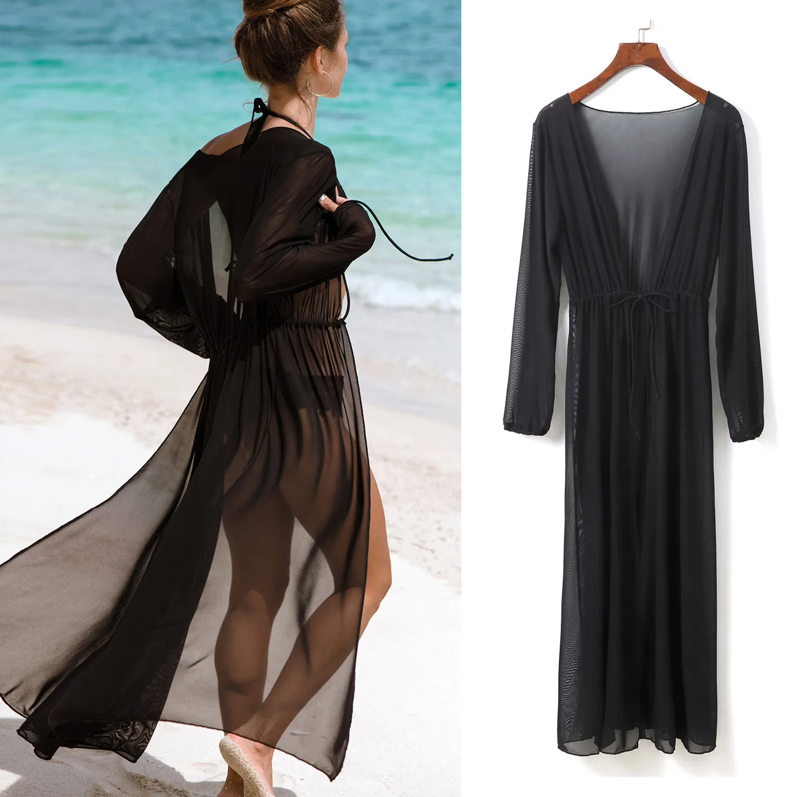 

2024 Black Mesh Beach Cover up dress Tunic Long Pareos Bikinis Cover ups Swim Cover Up Robe Plage Holiday Beachwear Swimwear