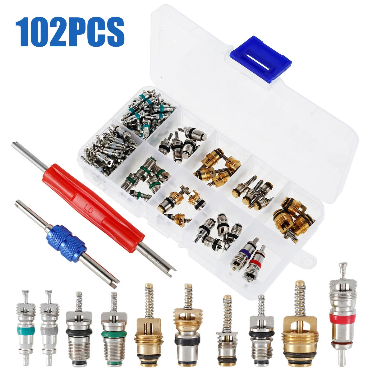 SPRING 102 Pcs R134a Kit d'Outils pour Valves de Climatisation de Voiture Adapté aux Ports de Service de 1/4 Pouces 5/16 Pouces pour Enlever et Installer le Noyau de Valve