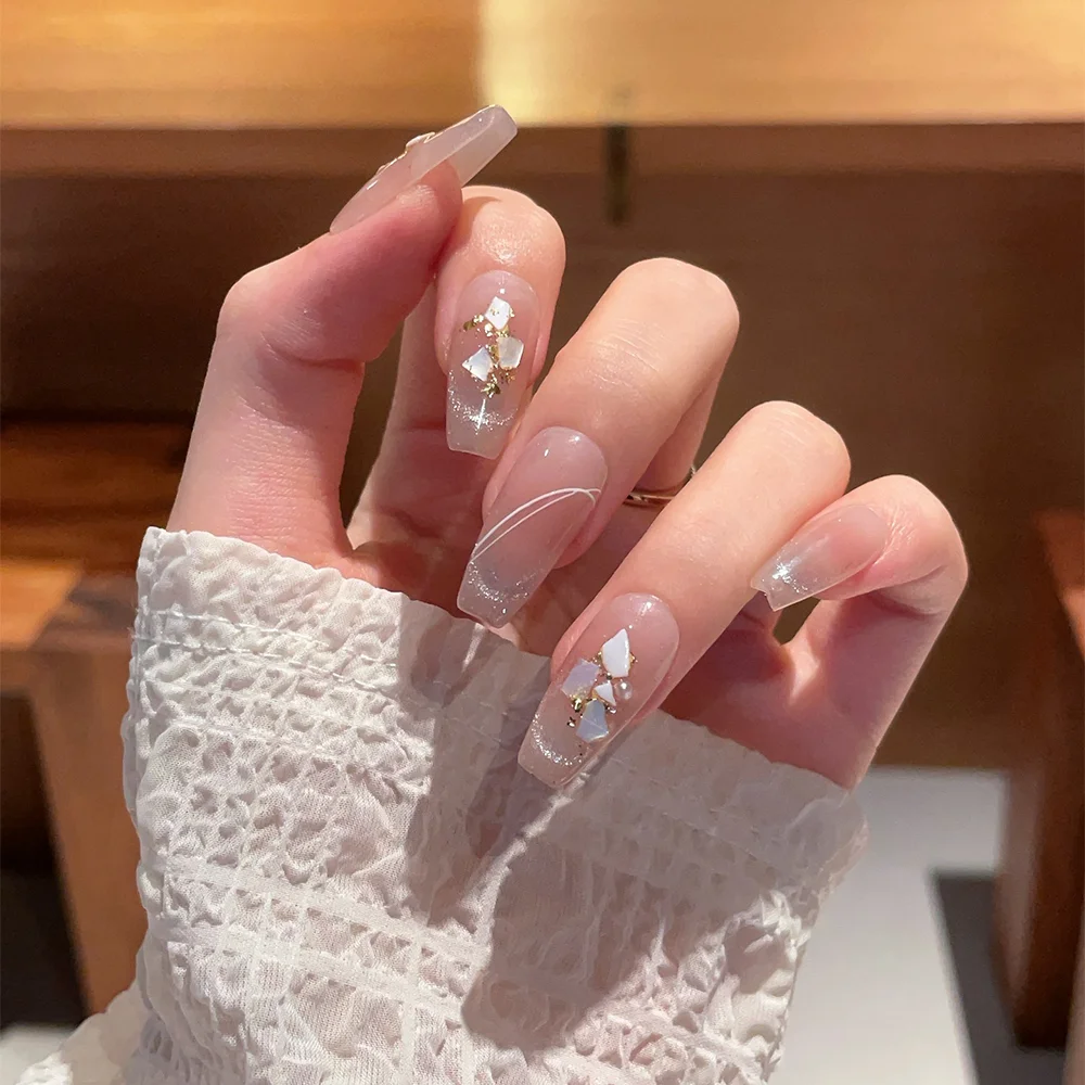 

（Handmade Manicures)10 PCS Mid-length Trapezoidal Explosive Light Luxury Ice Transparent Flash Diamond Finished Fake Nail Patch