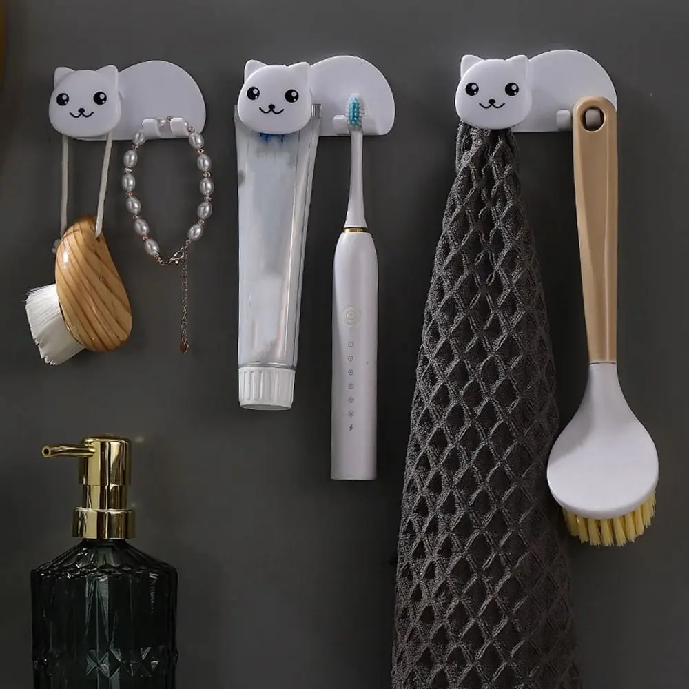 Plastic Cat Shaped Toothbrush Holder 2 in 1 Toothbrush Toothpaste Rack Wall Mounted Facial Cleanser Storage Clip