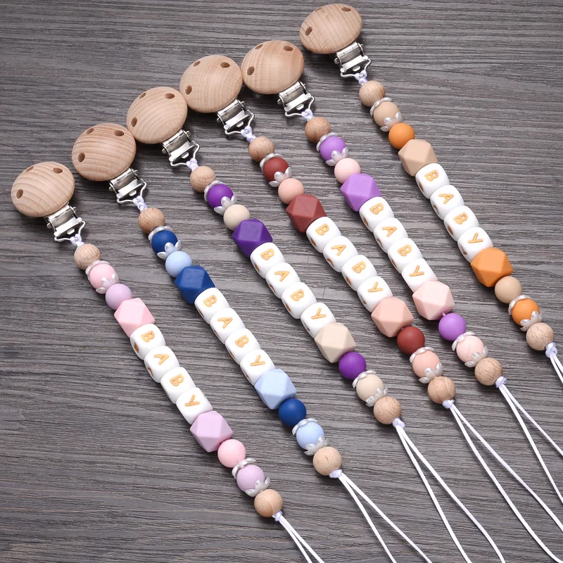 Beech Baby Pacifier Clip Personalized Name Silicone Teether Beads Toddler Nursing Bracelet Toy Baby Pacifier Chain Nipples Chain 2