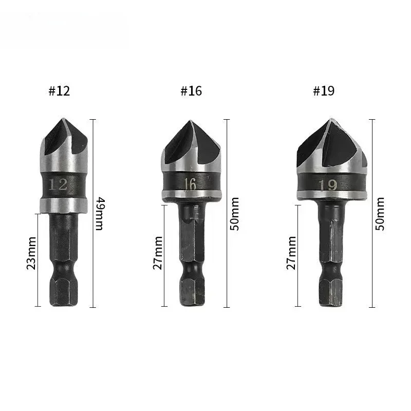 5 Flute Countersink Drill Bit Set 1/4'' Hex Shank 82 Degree Taper Wood Metal Hole Cutter Deburring Chamfering Trimmer Tools