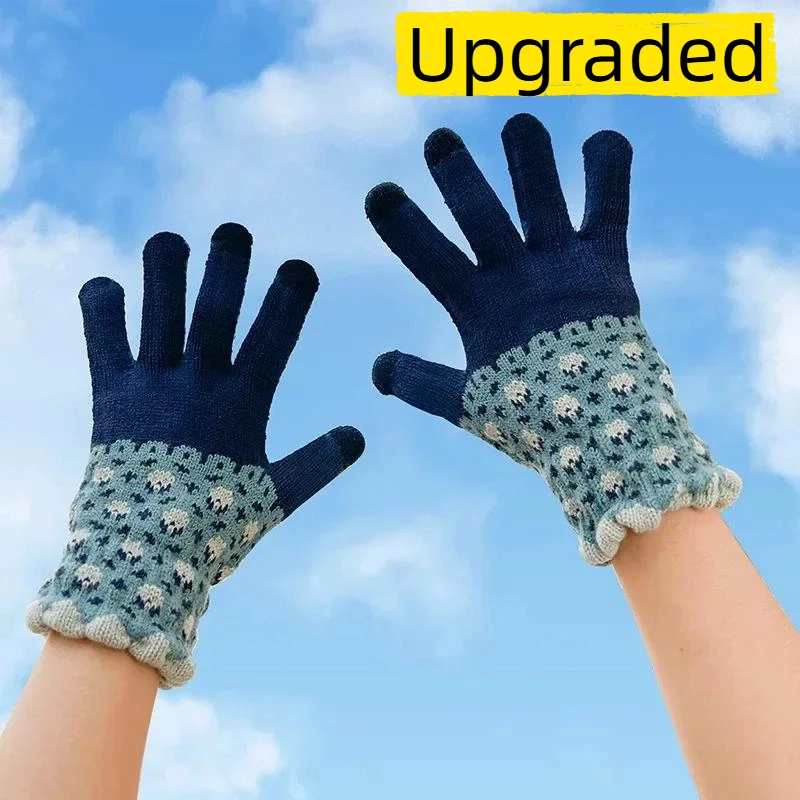 2 guanti touchscreen, guanti in cashmere traspirante con fiori, guanti termici invernali caldi in lana lavorata a maglia, per donne, design a forma di cuore