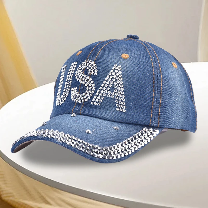 Women s Sparkling Rhinestone Embellished Adjustable Baseball Cap with Ponytail Opening for 4th of July Celebration