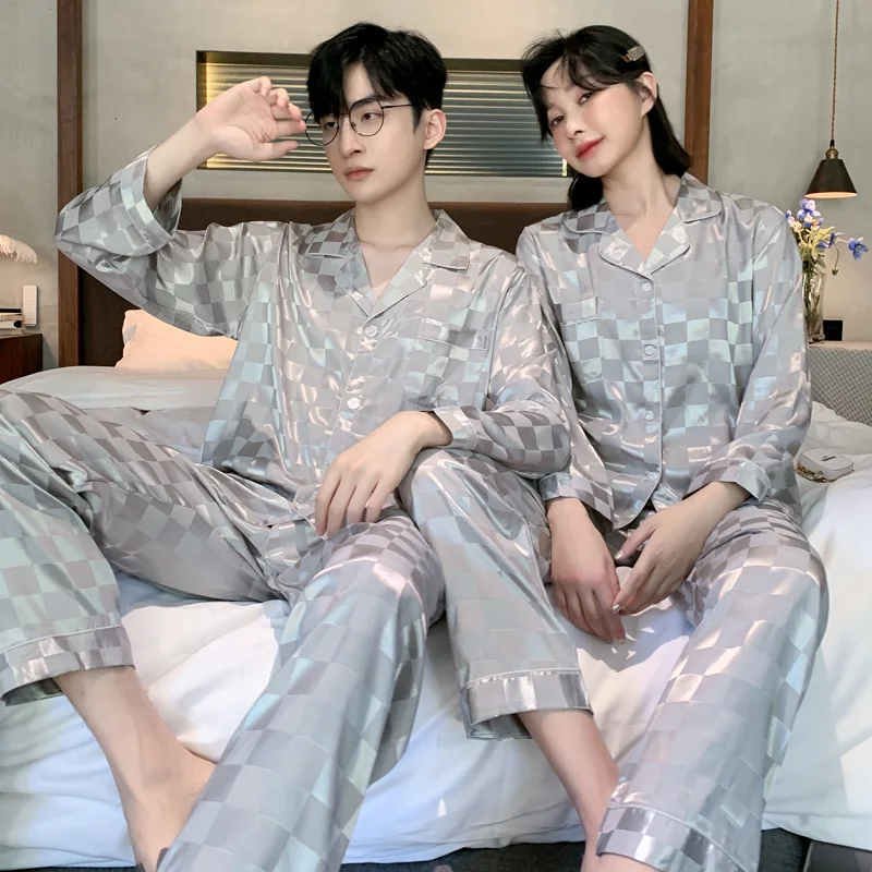 Women Pajama Set Ice Silk Couple Pajamas Pyjamas Pijama pjs Sleepwear Long Sleeve Shirt Pants Women Men Homewear Loungewear
