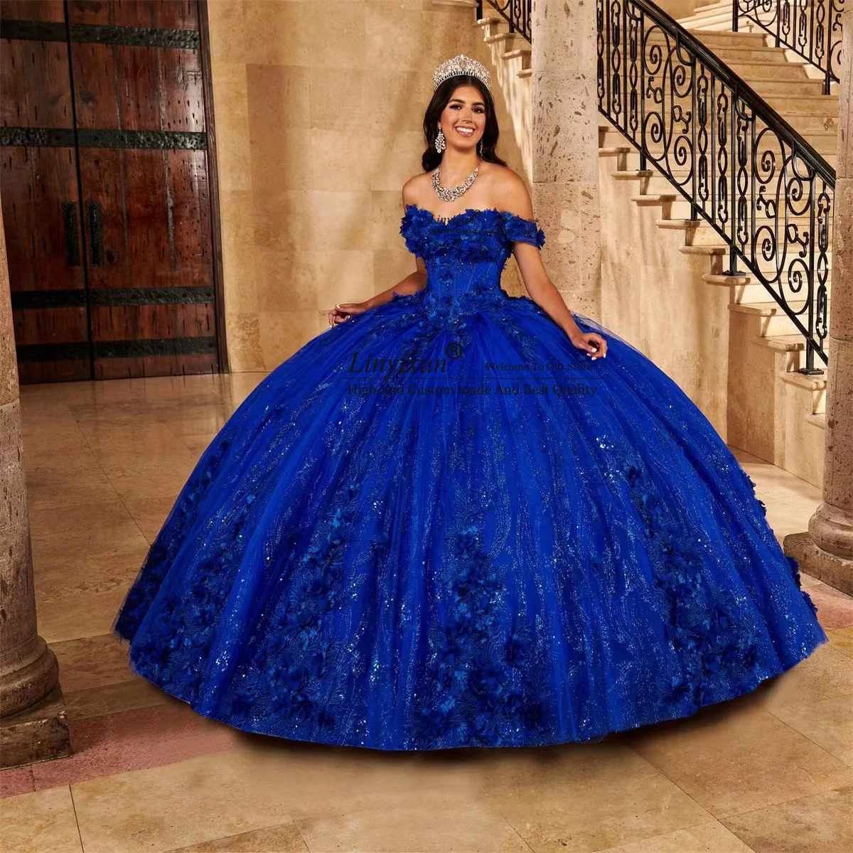 Royal Blue Quinceanera Dresses Beaded Sequined Handmade 3D Flowers Sweet 16 Dress Ball Gown Lace Up vestidos de 15 a&ntilde;os