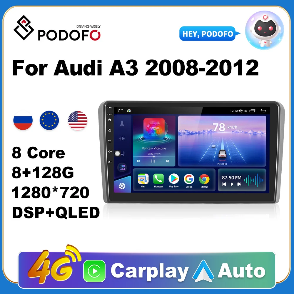 

Podofo AI Voice Android Carplay Car Radio For Audi A3 2008-2012 2din Android Auto 4G Multimedia Navigation GPS autoradio DSP