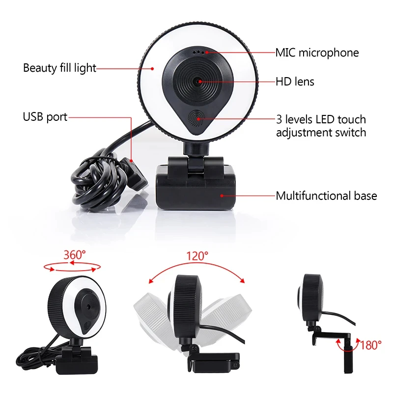 Portable Full HD 1080P 2K 4K Webcam PC Laptop Auto Focus Webcam Live Streaming Flexible with Microphone Live Broadcast with Light
