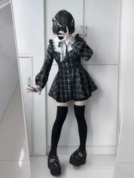 Japanese Fairy Sweet Lace Patchwork Plaid Dress Women Kawaii Grunge Ruffled Long Sleeve Dresses Y2k Aesthetic JK Lolita Vestidos 1