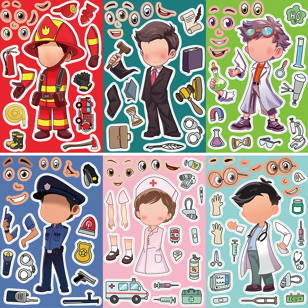 Children Characters Make a Face Stickers DIY Make Your Own Nurses Doctors Firefighters Teachers Puzzle Sticker Kids Eduction Toy traditional china recognition children s fun literacy fun traditional chinese characters games magic chinese character cards