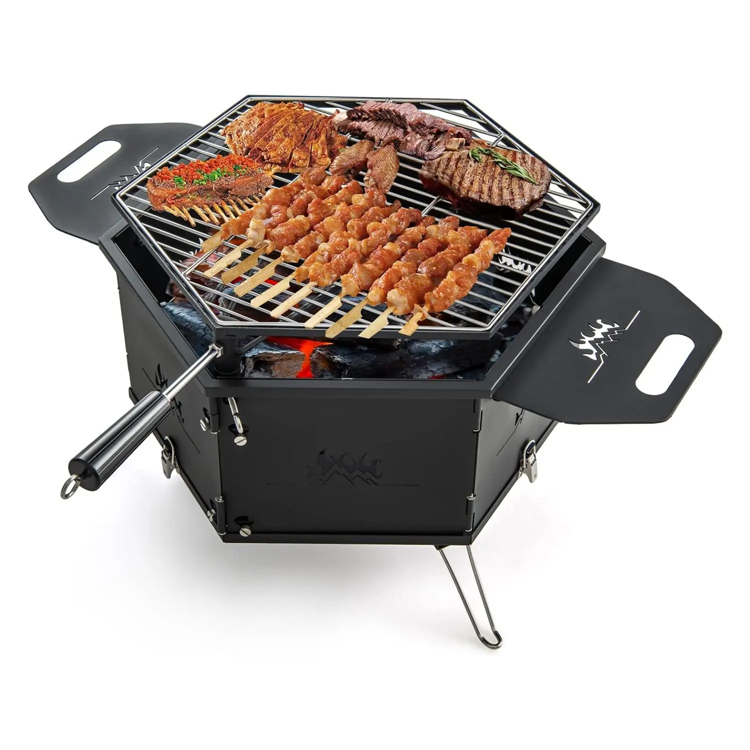 Large Charcoal Grill with 360° Rotating Grill, 2 in 1 Fire Pit, Folding Grill, Camping Grill with Handles for Cooking & Heating