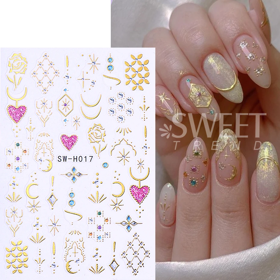 2pcs 3D Bronzing Butterfly Nail Stickers Golden Thread Petals Tulip Floral Adhesive Sliders Nail Decals DIY Charm Manicure Decor