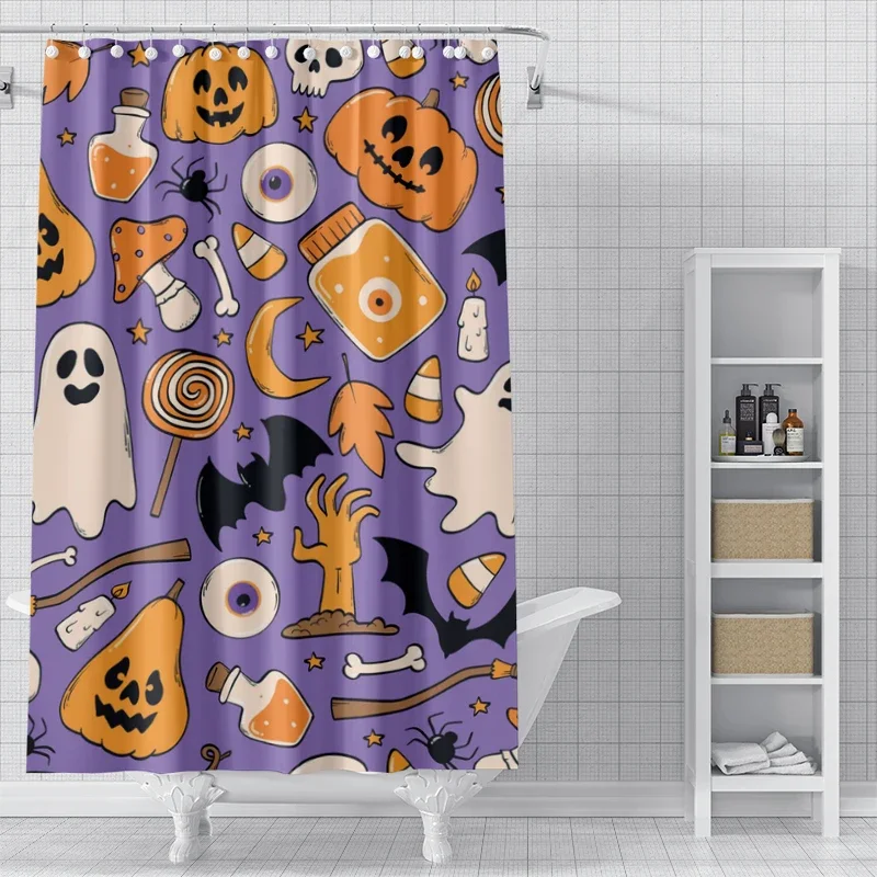 ZCHOMI Halloween-Duschvorhang: Gruseliger Kürbis Mit Hexe & Fledermaus – Wasserdichter Badezimmervorhang 183x183 Cm, Inkl. 12 Haken