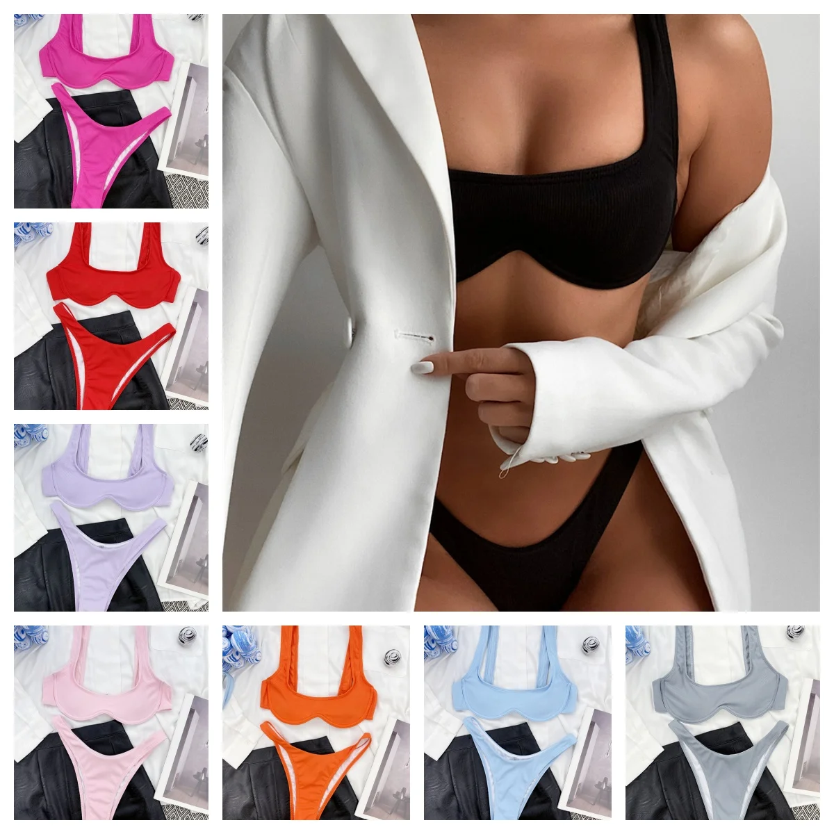 One steel pit strip swimsuit sexy bikini Women Sexy Simple Solid Halter Bikini Swimsuit Beach Bathing Suit