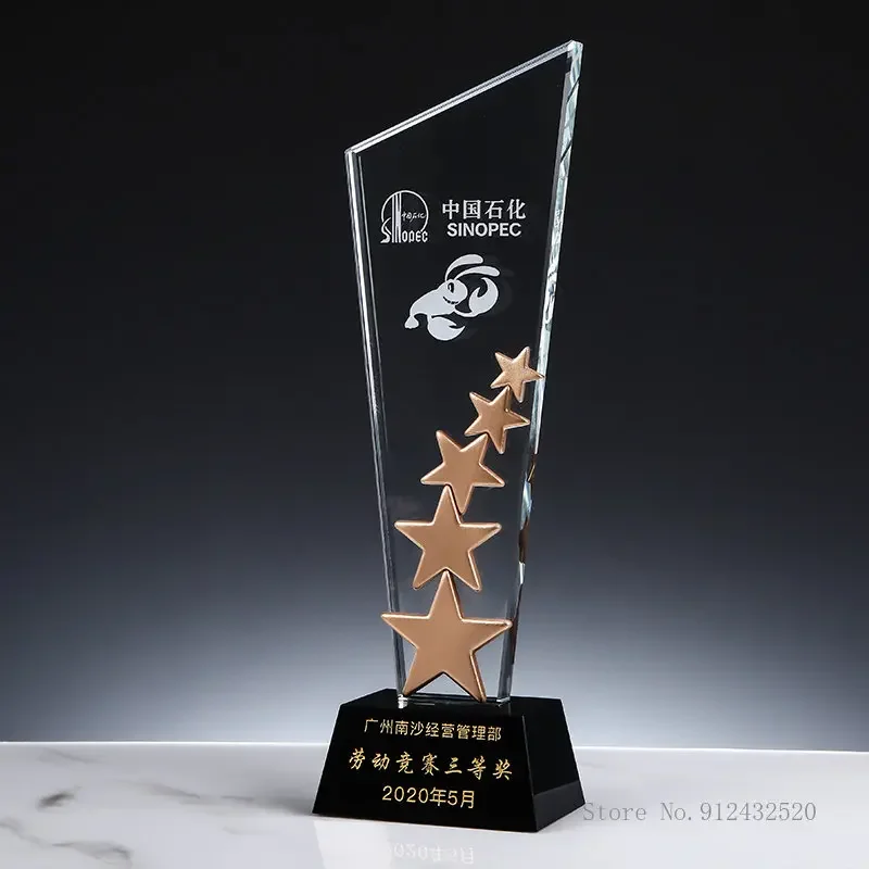 Customized Crystal Trophy, Gold, Silver, Copper, Red, Five Stars, lettering, Honour Company Annual Meeting Award, Home Decor 1Pc