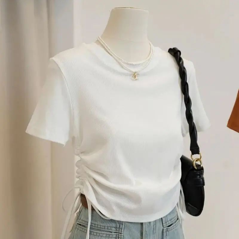 

American Style Retro Slim-fit Short Sleeve T-shirt Female Summer Spice Girl Design Drawstring Round Neck Korean Fashion T-shirt