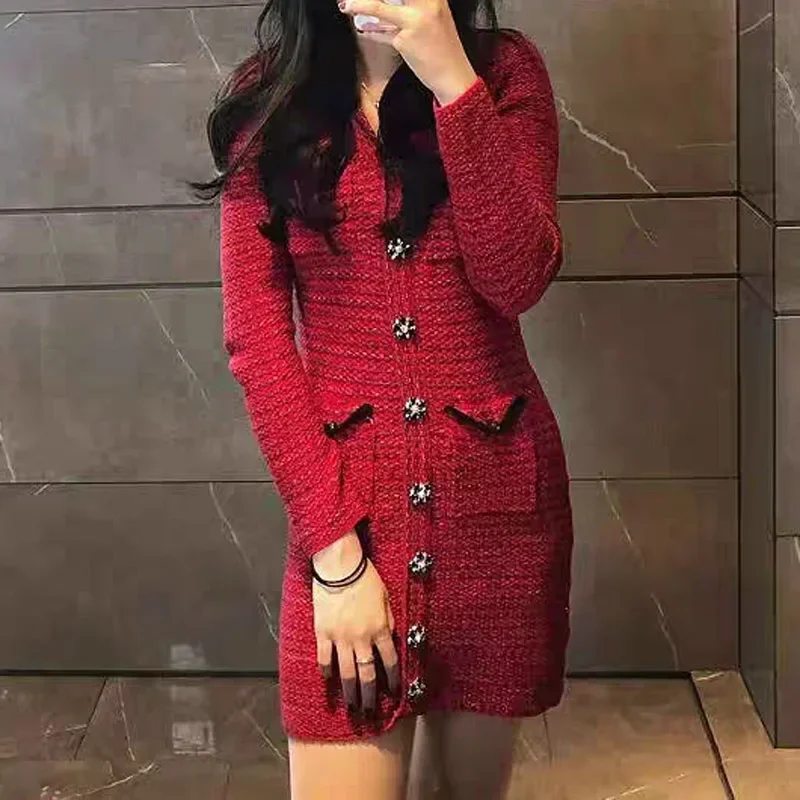 

Elegant Lady Red Tweed Dress Vintage Four Pocket Long Sleeve Knit Dress Spring 2023 Casual High Waist Woolen Vestidos for Women