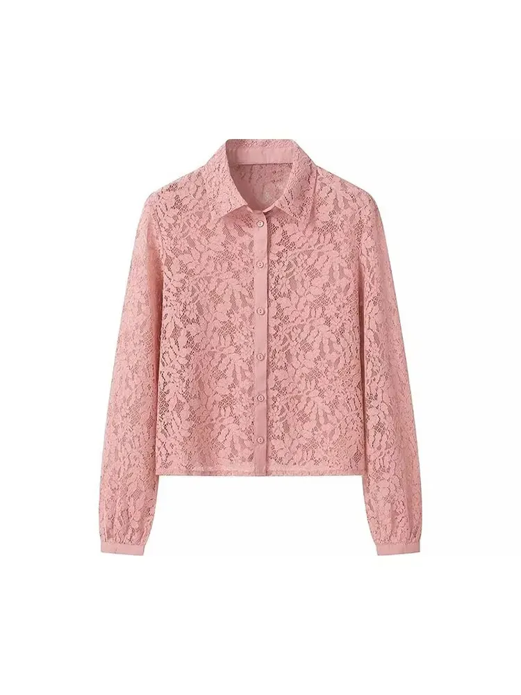 HH Women Fashion Translucent Lace Blouse Single Breasted Lapel Hollow Out Long Sleeve Shirt Summer Lady Sexy Solid Tops