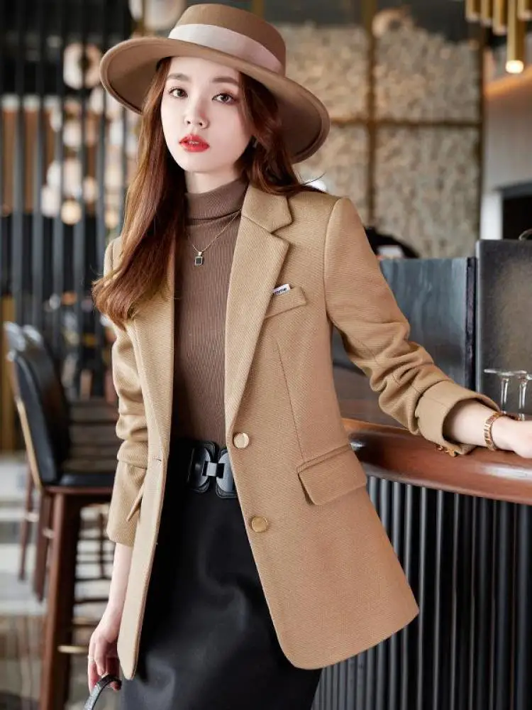 Woman Fashion Casual Vintage Solid Color Chic Elegant Classic Single Breasted Temperament Simple Woolen Blazer Tops Coat Korean single breasted chic and elegant woman set woman two pieces elegant dress up lapel suit 2 piece suit groups of pant blazer suits